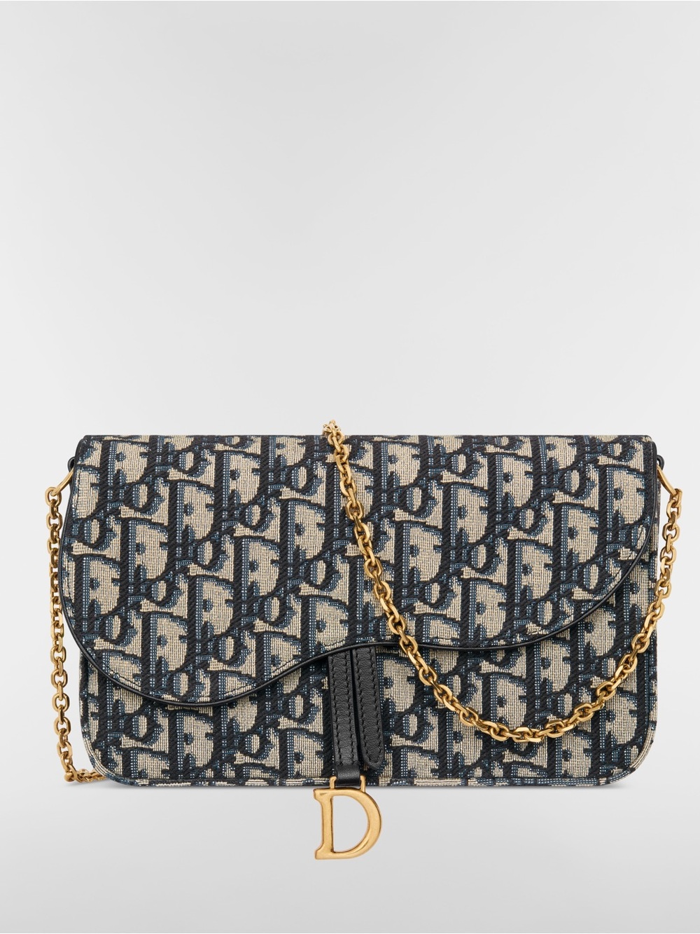 Dior Navy and Beige Monogram Saddle Crossbody with Gold Chain